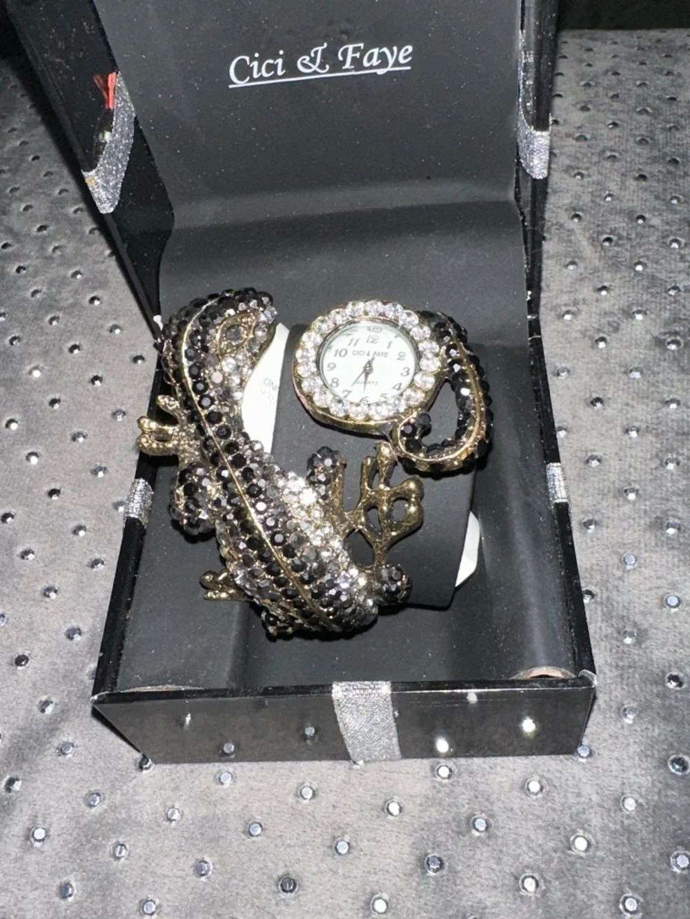 NEW Women's Cici & Faye black & silver rhinestone frog watch